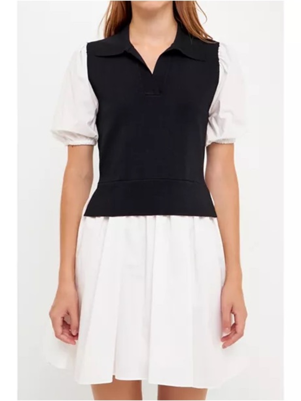 English Factory Black Knit Polo Bodice White Puff Sleeve Mini Dress